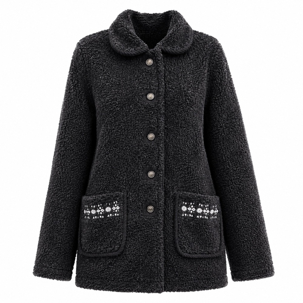 Tudor Court Jacket Sherpa Fleece Embroidered Pockets M Black Winter Cozy Teddy